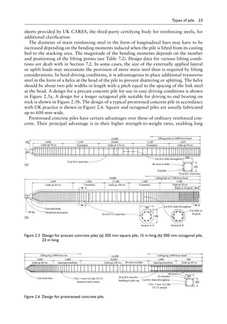 Types of pile 23
sheets provided by UK CARES, the third-party certifying body for reinforcing steels, for
additional clarification.
The diameter of main reinforcing steel in the form of longitudinal bars may have to be
increased depending on the bending moments induced when the pile is lifted from its casting
bed to the stacking area. The magnitude of the bending moments depends on the number
and positioning of the lifting points (see Table 7.2). Design data for various lifting condi-
tions are dealt with in Section 7.2. In some cases, the size of the externally applied lateral
or uplift loads may necessitate the provision of more main steel than is required by lifting
considerations. In hard driving conditions, it is advantageous to place additional transverse
steel in the form of a helix at the head of the pile to prevent shattering or splitting. The helix
should be about two pile widths in length with a pitch equal to the spacing of the link steel
at the head. A design for a precast concrete pile for use in easy driving conditions is shown
in Figure 2.5a. A design for a longer octagonal pile suitable for driving to end bearing on
rock is shown in Figure 2.5b. The design of a typical prestressed concrete pile in accordance
with UK practice is shown in Figure 2.6. Square and octagonal piles are usually fabricated
up to 600 mm wide.
Prestressed concrete piles have certain advantages over those of ordinary reinforced con-
crete. Their principal advantage is in their higher strength-to-weight ratio, enabling long
15,000
10,500
1,150
1,050
100
100
1,120
Transition
Transition
Transition Transition
40 cover to links
Lifting hole at 7,700 from head
8 φ links
8 φ M.S. links throughout
8 φ Helix at
50 pitch
B
25 φ M.S. main bars
25 φ H.T.S. main bars
8 φ M.S. links throughout
25 φ M.S. main bars
350
350
1,500
17,100 1,450
1,450
23,000
1,500
1,075
Lifting point at 5,000 from head
Links @ 70 crs
Links @ 175 crs
Links @ 70 crs
Links @ 50 crs
Cast steel body
A
A
Hardened steel point
90 dia.
Links @ 150 crs Links @ 50 crs
500
500
Section A-A Section B-B
(a)
(b)
B
Helix at 50 pitch
Figure 2.5â•‡ 
Design for precast concrete piles (a) 350 mm square pile, 15 m long (b) 500 mm octagonal pile,
23 m long.
6 φ M.S. links throughout
20 φ M.S. bars for
bonding to pile cap
1,000 960
10,500
14,500
1,000
1,040
Links @ 40 crs
Links @ 120 crs
Spacing transition Spacing transition
Links @ 40 crs 40 cover to links
300
300
25 chamfer
Lifting lug 2,900 from toe
Cast steel shoe I No. 7-wire 12.5 dia. H.T.S.
strand in each corner
I No. 7-wire 12.5 dia.
H.T.S. strand
Lifting lug 2,900 from head
40 cover
Figure 2.6â•‡ 
Design for prestressed concrete pile.
 