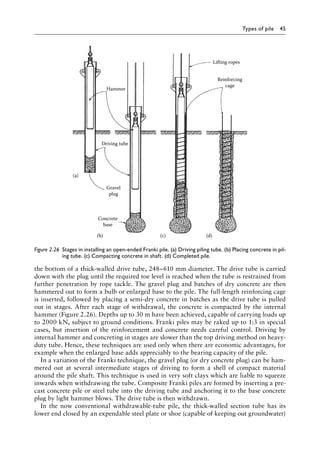 Types of pile 45
the bottom of a thick-walled drive tube, 248–610 mm diameter. The drive tube is carried
down with the plug until the required toe level is reached when the tube is restrained from
further penetration by rope tackle. The gravel plug and batches of dry concrete are then
hammered out to form a bulb or enlarged base to the pile. The full-length reinforcing cage
is inserted, followed by placing a semi-dry concrete in batches as the drive tube is pulled
out in stages. After each stage of withdrawal, the concrete is compacted by the internal
hammer (Figure 2.26). Depths up to 30 m have been achieved, capable of carrying loads up
to 2000 kN, subject to ground conditions. Franki piles may be raked up to 1:3 in special
cases, but insertion of the reinforcement and concrete needs careful control. Driving by
internal hammer and concreting in stages are slower than the top driving method on heavy-
duty tube. Hence, these techniques are used only when there are economic advantages, for
example when the enlarged base adds appreciably to the bearing capacity of the pile.
In a variation of the Franki technique, the gravel plug (or dry concrete plug) can be ham-
mered out at several intermediate stages of driving to form a shell of compact material
around the pile shaft. This technique is used in very soft clays which are liable to squeeze
inwards when withdrawing the tube. Composite Franki piles are formed by inserting a pre-
cast concrete pile or steel tube into the driving tube and anchoring it to the base concrete
plug by light hammer blows. The drive tube is then withdrawn.
In the now conventional withdrawable-tube pile, the thick-walled section tube has its
lower end closed by an expendable steel plate or shoe (capable of keeping out groundwater)
Lifting ropes
Reinforcing
cage
Hammer
Driving tube
(a)
(b) (c) (d)
Gravel
plug
Concrete
base
Figure 2.26â•‡ 
Stages in installing an open-ended Franki pile. (a) Driving piling tube. (b) Placing concrete in pil-
ing tube. (c) Compacting concrete in shaft. (d) Completed pile.
 