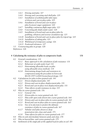 Contents vii
3.4.3)>> Driving steel pilesâ•‡ 117
3.4.4)>> Driving and concreting steel shell pilesâ•‡ 119
3.4.5)>> Installation of withdrawable-tube types
of driven and cast-in-place pilesâ•‡ 119
3.4.6)>> Installation of bored and cast-in-place
piles by power auger equipmentâ•‡ 120
3.4.7)>> Installing continuous flight auger pilesâ•‡ 123
3.4.8)>> Concreting pile shafts under waterâ•‡ 124
3.4.9)>> Installation of bored and cast-in-place piles by
grabbing, vibratory and reverse-circulation rigsâ•‡ 125
3.4.10)>> Installation of bored and cast-in-place piles by tripod rigsâ•‡ 125
3.4.11)>> Installation of raking pilesâ•‡ 125
3.4.12)>> Withdrawal of temporary casingsâ•‡ 126
3.4.13)>> Positional tolerancesâ•‡ 127
3.5)>> Constructing piles in groupsâ•‡ 128
Referencesâ•‡ 128
4 Calculating the resistance of piles to compressive loads 131
4.1)>> General considerationsâ•‡ 131
4.1.1)>> Basic approach to the calculation of pile resistanceâ•‡ 131
4.1.2)>> Behaviour of a pile under loadâ•‡ 132
4.1.3)>> Determining allowable loads on piles
using allowable stress methodsâ•‡ 134
4.1.4)>> Determining design loads and resistances in
compression using the procedure in Eurocode
BS EN 1997-1:2004 Geotechnical designâ•‡ 135
4.2)>> Calculations for piles in fine-grained soilsâ•‡ 143
4.2.1)>> Driven displacement pilesâ•‡ 143
4.2.2)>> Driven and cast-in-place displacement pilesâ•‡ 151
4.2.3)>> Bored and cast-in-place non-displacement pilesâ•‡ 151
4.2.4)>> Time effects on pile resistance in claysâ•‡ 155
4.3)>> Piles in coarse-grained soilsâ•‡ 156
4.3.1)>> Generalâ•‡ 156
4.3.2)>> Driven piles in coarse-grained soilsâ•‡ 163
4.3.3)>> Piles with open ends driven into coarse-grained soilsâ•‡ 164
4.3.4)>> Driven and cast-in-place piles in coarse-grained soilsâ•‡ 165
4.3.5)>> Bored and cast-in-place piles in coarse-grained soilsâ•‡ 165
4.3.6)>> Use of in situ tests to predict the ultimate
resistance of piles in coarse-grained soilsâ•‡ 167
4.3.7)>> Tubular steel piles driven to deep
penetration into clays and sandsâ•‡ 171
4.3.8)>> Time effects for piles in coarse-grained soilsâ•‡ 177
4.4)>> Piles in soils intermediate between sands and claysâ•‡ 178
4.5)>> Piles in layered fine- and coarse-grained soilsâ•‡ 179
4.6)>> Settlement of the single pile at the applied load for piles in soilâ•‡ 181
 