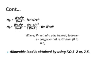 휼풃 = 
W+e2P 
W+P 
, for W>eP 
휼풃= 
W+e2P 
W+P 
− 
W−eP 
W+P 
ퟐ 
, for W<eP 
Where, P= wt. of a pile, helmet, follower 
e= coefficient of restitution (0 to 
0.5) 
 Allowable load is obtained by using F.O.S 2 or, 2.5. 
 