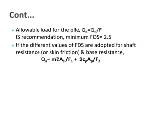  Allowable load for the pile, Qa=Qd/F 
IS recommendation, minimum FOS= 2.5 
 If the different values of FOS are adopted for shaft 
resistance (or skin friction) & base resistance, 
Qa= m 풄As /F1 + 9cpAp/F2 
 