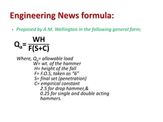  Proposed by A.M. Wellington in the following general form; 
Qa= 
WH 
F(S+C) 
Where, Qa= allowable load 
W= wt. of the hammer 
H= height of the fall 
F= F.O.S, taken as “6” 
S= final set (penetration) 
C= empirical constant 
2.5 for drop hammer,& 
0.25 for single and double acting 
hammers. 
 