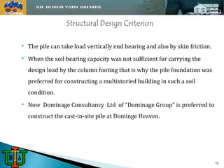  The pile can take load vertically end bearing and also by skin friction. 
 When the soil bearing capacity was not sufficient for carrying the 
design load by the column footing that is why the pile foundation was 
preferred for constructing a multistoried building in such a soil 
condition. 
 Now Dominage Consultancy Ltd of “Dominage Group” is preferred to 
construct the cast-in-site pile at Dominge Heaven. 
12 
 