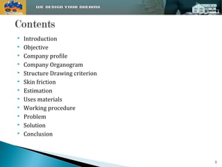  Introduction 
 Objective 
 Company profile 
 Company Organogram 
 Structure Drawing criterion 
 Skin friction 
 Estimation 
 Uses materials 
 Working procedure 
 Problem 
 Solution 
 Conclusion 
3 
 