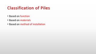 Classification of Piles
• Based on function
• Based on materials
• Based on method of installation
 