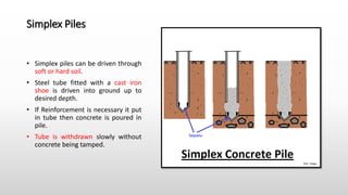 Simplex Piles
• Simplex piles can be driven through
soft or hard soil.
• Steel tube fitted with a cast iron
shoe is driven into ground up to
desired depth.
• If Reinforcement is necessary it put
in tube then concrete is poured in
pile.
• Tube is withdrawn slowly without
concrete being tamped.
 