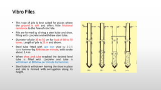 Vibro Piles
• This type of pile is best suited for places where
the ground is soft and offers little frictional
resistance to the flow of concrete.
• Pile are formed by driving a steel tube and shoe,
filling with concrete and withdraw steel tube.
• Diameter of pile 35 to 50 cm for load of 60 to 70
tones. Length of pile is 25 m and above.
• Steel tube fitted with cast iron shoe by 2-2.5
tone hammer by 40 blow per minute, with stroke
about 1.4 m
• When shoe and tube reached the desired level
tube is filled with concrete and tube is
withdrawn at 80 blow per minute by hammer.
• Steel tube is withdrawn leaving the shoe in place
and pile is formed with corrugation along its
height.
 