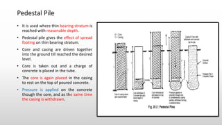 Pedestal Pile
• It is used where thin bearing stratum is
reached with reasonable depth.
• Pedestal pile gives the effect of spread
footing on thin bearing stratum.
• Core and casing are driven together
into the ground till reached the desired
level.
• Core is taken out and a charge of
concrete is placed in the tube.
• The core is again placed in the casing
to rest on the top of poured concrete.
• Pressure is applied on the concrete
though the core, and as the same time
the casing is withdrawn.
 