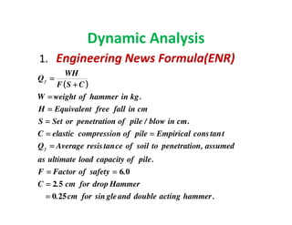 Dynamic Analysis
1. Engineering News Formula(ENR)
(((( ))))
.hammeractingdoubleandglesinforcm.
Hammerdropforcm.C
.safetyofFactorF
.pileofcapacityloadultimateas
assumed,npenetratiotosoilofcetanresisAverageQ
ttanconsEmpiricalpileofncompressioelasticC
.cminblow/pileofnpenetratioorSetS
cminfallfreeEquivalentH
.kginhammerofweightW
CSF
WH
Q
f
f
250
52
06
====
====
========
====
========
====
====
====
++++
====
 