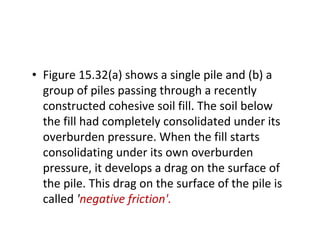 • Figure 15.32(a) shows a single pile and (b) a
group of piles passing through a recently
constructed cohesive soil fill. The soil below
the fill had completely consolidated under its
overburden pressure. When the fill starts
consolidating under its own overburden
pressure, it develops a drag on the surface of
the pile. This drag on the surface of the pile is
called 'negative friction'.
 