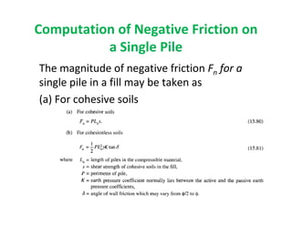 Computation of Negative Friction on
a Single Pile
The magnitude of negative friction Fn for a
single pile in a fill may be taken as
(a) For cohesive soils
 