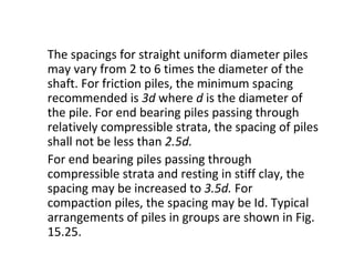 The spacings for straight uniform diameter piles
may vary from 2 to 6 times the diameter of the
shaft. For friction piles, the minimum spacing
recommended is 3d where d is the diameter of
the pile. For end bearing piles passing through
relatively compressible strata, the spacing of piles
shall not be less than 2.5d.
For end bearing piles passing through
compressible strata and resting in stiff clay, the
spacing may be increased to 3.5d. For
compaction piles, the spacing may be Id. Typical
arrangements of piles in groups are shown in Fig.
15.25.
 