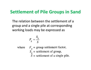 Settlement of Pile Groups in Sand
The relation between the settlement of a
group and a single pile at corresponding
working loads may be expressed as
 