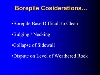 BorepileBorepile CosiderationsCosiderations……
•Borepile Base Difficult to Clean
•Bulging / Necking
•Collapse of Sidewall
•Dispute on Level of Weathered Rock
 