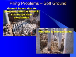 Ground heave due to
pressure relief at base &
surcharge near
excavation
Pile tilts & moves/walks
Piling Problems – Soft Ground
 