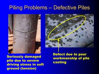 Piling ProblemsPiling Problems –– Defective PilesDefective Piles
Seriously damaged
pile due to severe
driving stress in soft
ground (tension)
Defect due to poor
workmanship of pile
casting
 