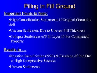 Piling in Fill GroundPiling in Fill Ground
Important Points to Note:
•High Consolidation Settlements If Original Ground is
Soft
•Uneven Settlement Due to Uneven Fill Thickness
•Collapse Settlement of Fill Layer If Not Compacted
Properly
Results in …
•Negative Skin Friction (NSF) & Crushing of Pile Due
to High Compressive Stresses
•Uneven Settlements
 