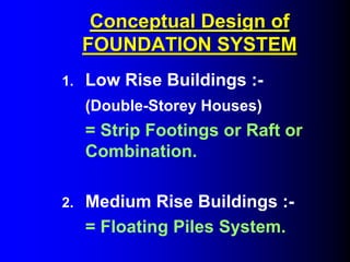 Conceptual Design ofConceptual Design of
FOUNDATION SYSTEMFOUNDATION SYSTEM
1. Low Rise Buildings :-
(Double-Storey Houses)
= Strip Footings or Raft or
Combination.
2. Medium Rise Buildings :-
= Floating Piles System.
 