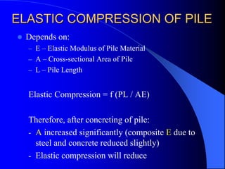 Depends on:
– E – Elastic Modulus of Pile Material
– A – Cross-sectional Area of Pile
– L – Pile Length
Elastic Compression = f (PL / AE)
Therefore, after concreting of pile:
- A increased significantly (composite E due to
steel and concrete reduced slightly)
- Elastic compression will reduce
ELASTIC COMPRESSION OF PILEELASTIC COMPRESSION OF PILE
 