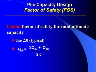 Pile Capacity DesignPile Capacity Design
Factor of Safety (FOS)Factor of Safety (FOS)
GlobalGlobal factor of safety for total ultimatefactor of safety for total ultimate
capacitycapacity
Use 2.0 (typical)Use 2.0 (typical)
ΣQsu + Qbu
2.0
Qall =
 