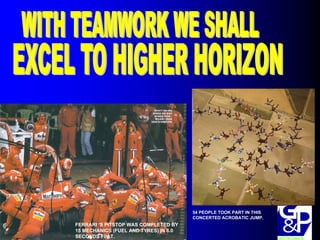 FERRARI ‘S PITSTOP WAS COMPLETED BY
15 MECHANICS (FUEL AND TYRES) IN 6.0
SECONDS FLAT.
54 PEOPLE TOOK PART IN THIS
CONCERTED ACROBATIC JUMP.
 
