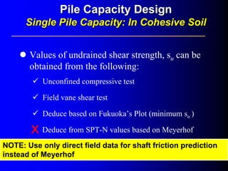 Values of undrained shear strength, su can be
obtained from the following:
Unconfined compressive test
Field vane shear test
Deduce based on Fukuoka’s Plot (minimum su )
Deduce from SPT-N values based on Meyerhof
Pile Capacity DesignPile Capacity Design
Single Pile Capacity:Single Pile Capacity: In Cohesive SoilIn Cohesive Soil
NOTE: Use only direct field data for shaft friction prediction
instead of Meyerhof
 