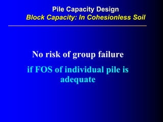 No risk of group failure
if FOS of individual pile is
adequate
Pile Capacity DesignPile Capacity Design
Block Capacity:Block Capacity: InIn CohesionlessCohesionless SoilSoil
 