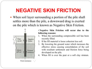NEGATIVE SKIN FRICTION
 When soil layer surrounding a portion of the pile shaft
settles more than the pile, a downward drag is exerted
on the pile which is known as Negative Skin Friction.
• Negative Skin Friction will occur due to the
following reasons:
1. When the surrounding compressible soil has been
recently filled.
2. If the fill material is loose cohesion less soil.
3. By lowering the ground water which increases the
effective stress causing consolidation of the soil
with resultant settlement and friction force being
developed on the pile.
4. When fill is over the peat or a soft clay stratum.
 