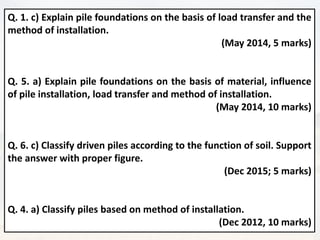 Q. 1. c) Explain pile foundations on the basis of load transfer and the
method of installation.
(May 2014, 5 marks)
Q. 5. a) Explain pile foundations on the basis of material, influence
of pile installation, load transfer and method of installation.
(May 2014, 10 marks)
Q. 6. c) Classify driven piles according to the function of soil. Support
the answer with proper figure.
(Dec 2015; 5 marks)
Q. 4. a) Classify piles based on method of installation.
(Dec 2012, 10 marks)
 