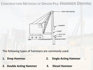 CONSTRUCTION METHODS OF DRIVEN PILE: HAMMER DRIVING
The following types of hammers are commonly used:
1. Drop Hammer 2. Single Acting Hammer
3. Double Acting Hammer 4. Diesel Hammer
HOIST MECHANISM
 