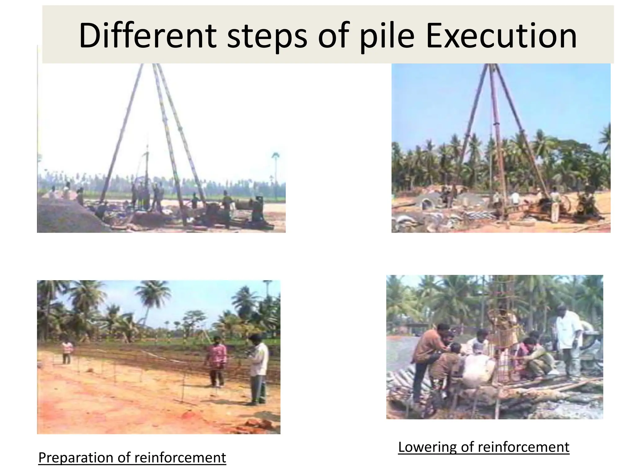 Preparation of reinforcement
Lowering of reinforcement
Different steps of pile Execution
 