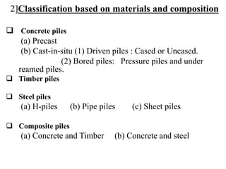 2]Classification based on materials and composition
 Concrete piles
(a) Precast
(b) Cast-in-situ (1) Driven piles : Cased or Uncased.
(2) Bored piles: Pressure piles and under
reamed piles.
 Timber piles
 Steel piles
(a) H-piles (b) Pipe piles (c) Sheet piles
 Composite piles
(a) Concrete and Timber (b) Concrete and steel
 
