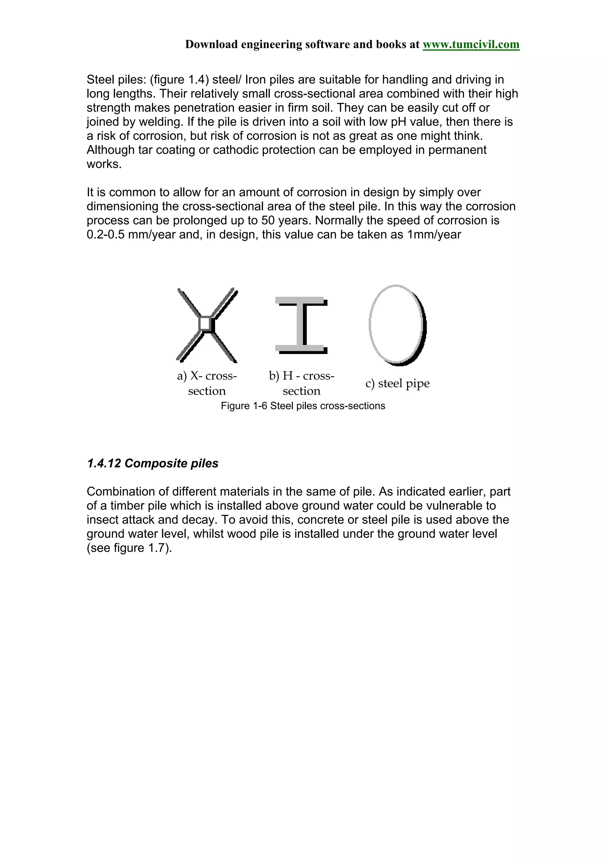 Download engineering software and books at www.tumcivil.com
Steel piles: (figure 1.4) steel/ Iron piles are suitable for handling and driving in
long lengths. Their relatively small cross-sectional area combined with their high
strength makes penetration easier in firm soil. They can be easily cut off or
joined by welding. If the pile is driven into a soil with low pH value, then there is
a risk of corrosion, but risk of corrosion is not as great as one might think.
Although tar coating or cathodic protection can be employed in permanent
works.
It is common to allow for an amount of corrosion in design by simply over
dimensioning the cross-sectional area of the steel pile. In this way the corrosion
process can be prolonged up to 50 years. Normally the speed of corrosion is
0.2-0.5 mm/year and, in design, this value can be taken as 1mm/year
a) X- cross-
section
b) H - cross-
section
c) steel pipe
Figure 1-6 Steel piles cross-sections
1.4.12 Composite piles
Combination of different materials in the same of pile. As indicated earlier, part
of a timber pile which is installed above ground water could be vulnerable to
insect attack and decay. To avoid this, concrete or steel pile is used above the
ground water level, whilst wood pile is installed under the ground water level
(see figure 1.7).
 