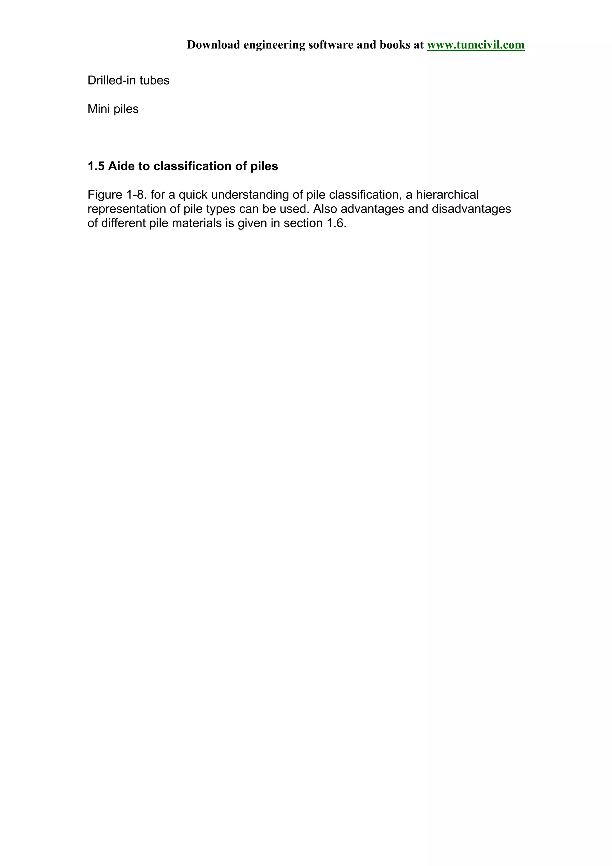Download engineering software and books at www.tumcivil.com
Drilled-in tubes
Mini piles
1.5 Aide to classification of piles
Figure 1-8. for a quick understanding of pile classification, a hierarchical
representation of pile types can be used. Also advantages and disadvantages
of different pile materials is given in section 1.6.
 
