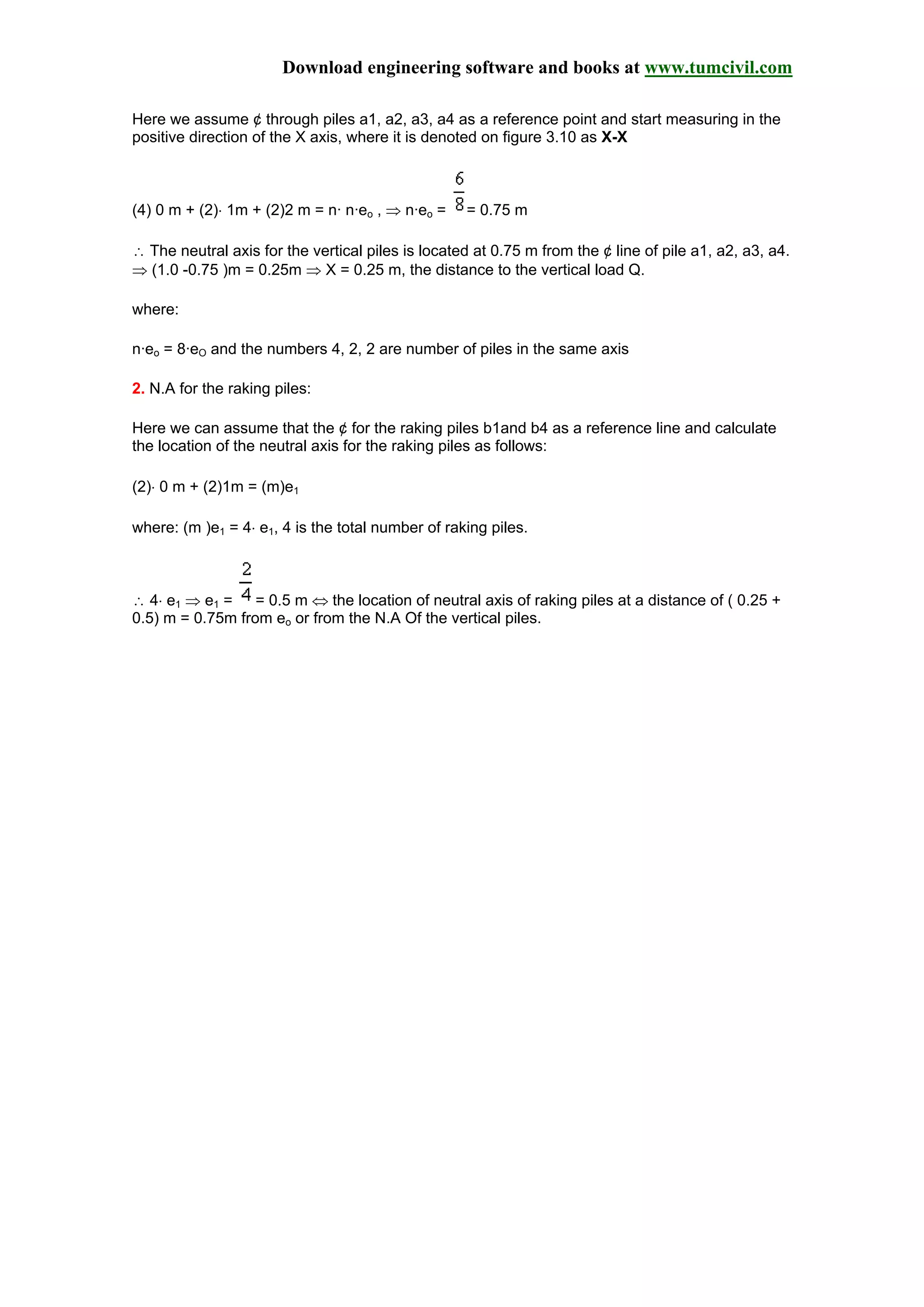 Download engineering software and books at www.tumcivil.com
Here we assume ¢ through piles a1, a2, a3, a4 as a reference point and start measuring in the
positive direction of the X axis, where it is denoted on figure 3.10 as X-X
(4) 0 m + (2)⋅ 1m + (2)2 m = n· n·eo , ⇒ n·eo = = 0.75 m
∴ The neutral axis for the vertical piles is located at 0.75 m from the ¢ line of pile a1, a2, a3, a4.
⇒ (1.0 -0.75 )m = 0.25m ⇒ X = 0.25 m, the distance to the vertical load Q.
where:
n·eo = 8·eO and the numbers 4, 2, 2 are number of piles in the same axis
2. N.A for the raking piles:
Here we can assume that the ¢ for the raking piles b1and b4 as a reference line and calculate
the location of the neutral axis for the raking piles as follows:
(2)⋅ 0 m + (2)1m = (m)e1
where: (m )e1 = 4⋅ e1, 4 is the total number of raking piles.
∴ 4⋅ e1 ⇒ e1 = = 0.5 m ⇔ the location of neutral axis of raking piles at a distance of ( 0.25 +
0.5) m = 0.75m from eo or from the N.A Of the vertical piles.
 