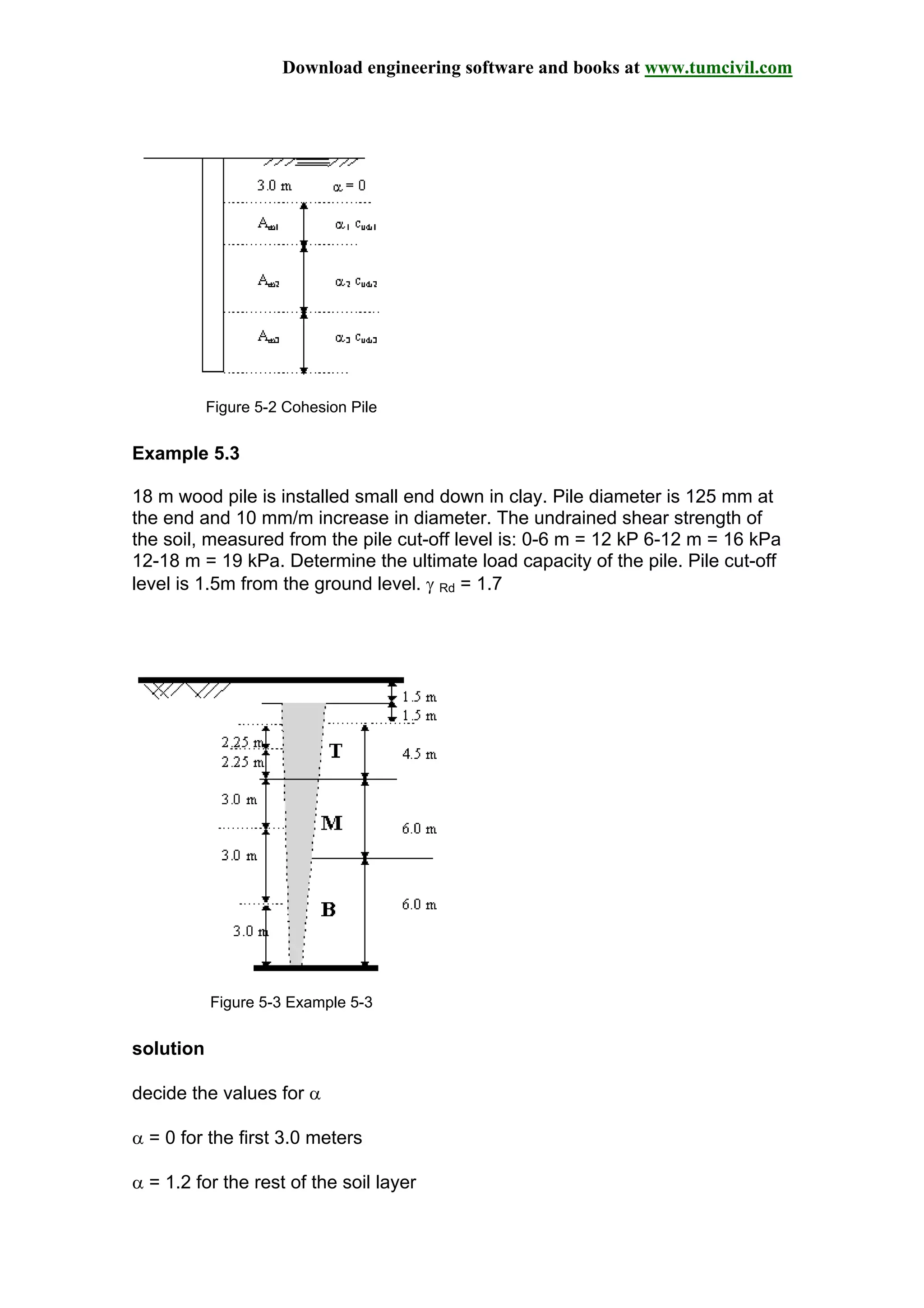 Download engineering software and books at www.tumcivil.com
Figure 5-2 Cohesion Pile
Example 5.3
18 m wood pile is installed small end down in clay. Pile diameter is 125 mm at
the end and 10 mm/m increase in diameter. The undrained shear strength of
the soil, measured from the pile cut-off level is: 0-6 m = 12 kP 6-12 m = 16 kPa
12-18 m = 19 kPa. Determine the ultimate load capacity of the pile. Pile cut-off
level is 1.5m from the ground level. γ Rd = 1.7
Figure 5-3 Example 5-3
solution
decide the values for α
α = 0 for the first 3.0 meters
α = 1.2 for the rest of the soil layer
 
