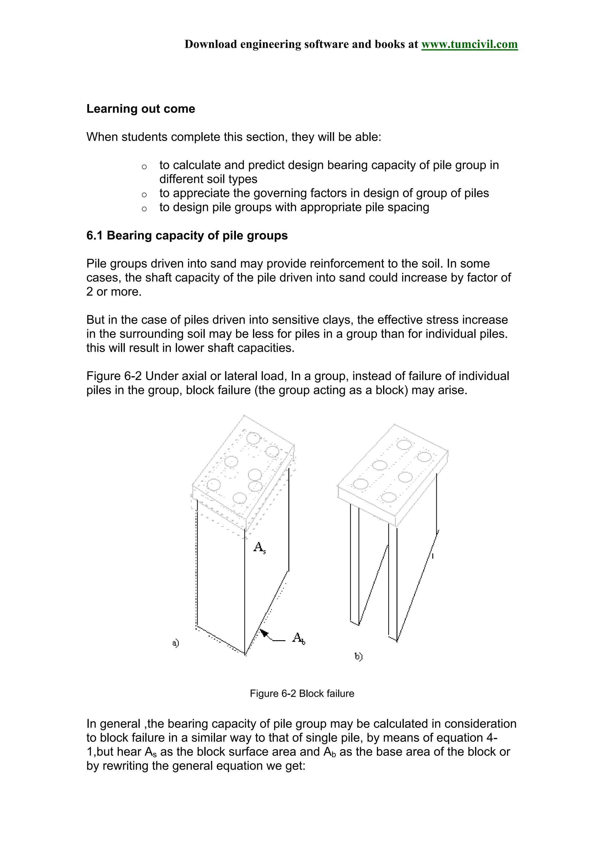 Download engineering software and books at www.tumcivil.com
Learning out come
When students complete this section, they will be able:
o to calculate and predict design bearing capacity of pile group in
different soil types
o to appreciate the governing factors in design of group of piles
o to design pile groups with appropriate pile spacing
6.1 Bearing capacity of pile groups
Pile groups driven into sand may provide reinforcement to the soil. In some
cases, the shaft capacity of the pile driven into sand could increase by factor of
2 or more.
But in the case of piles driven into sensitive clays, the effective stress increase
in the surrounding soil may be less for piles in a group than for individual piles.
this will result in lower shaft capacities.
Figure 6-2 Under axial or lateral load, In a group, instead of failure of individual
piles in the group, block failure (the group acting as a block) may arise.
Figure 6-2 Block failure
In general ,the bearing capacity of pile group may be calculated in consideration
to block failure in a similar way to that of single pile, by means of equation 4-
1,but hear As as the block surface area and Ab as the base area of the block or
by rewriting the general equation we get:
 