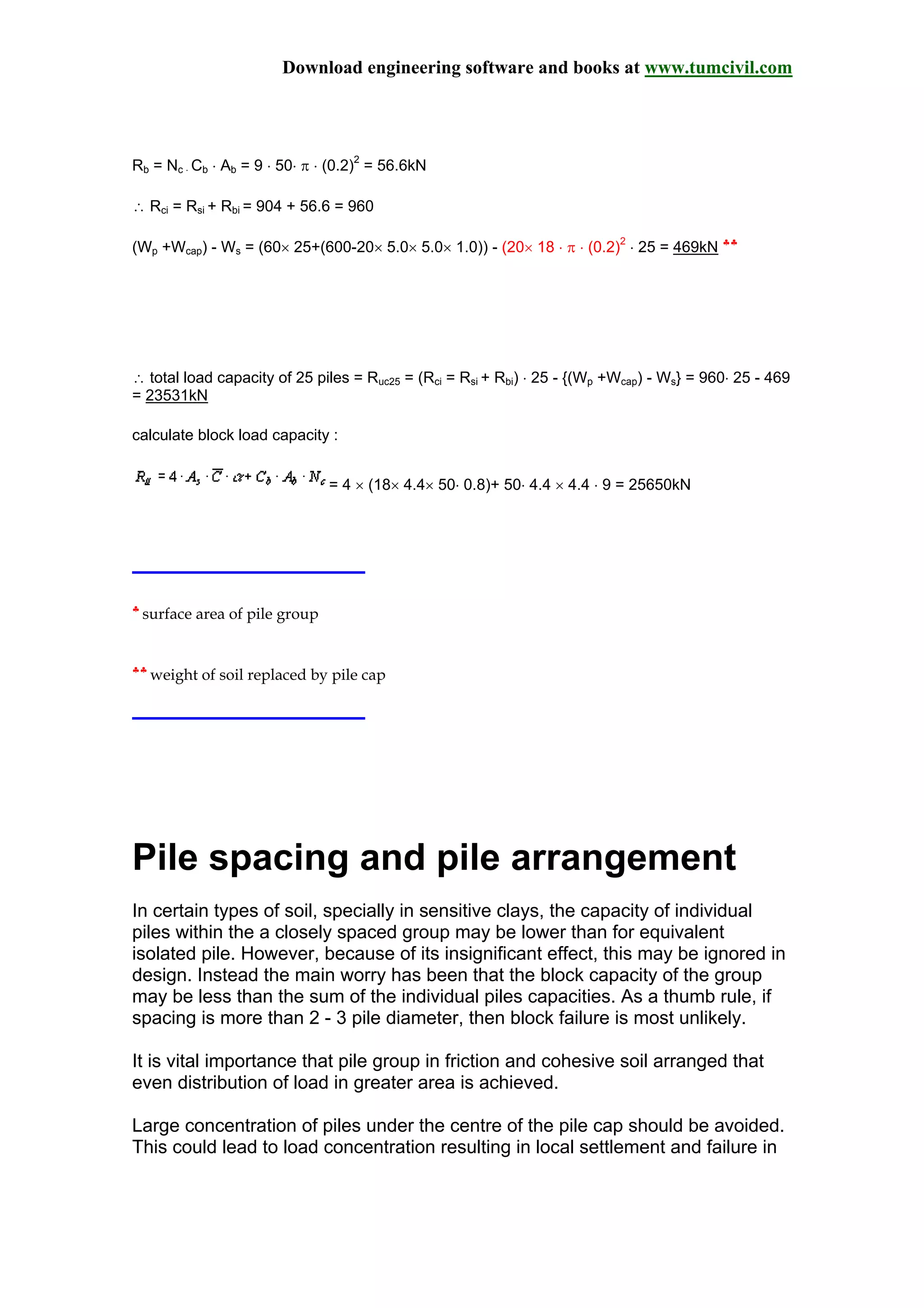 Download engineering software and books at www.tumcivil.com
Rb = Nc ⋅ Cb ⋅ Ab = 9 ⋅ 50⋅ π ⋅ (0.2)2
= 56.6kN
∴ Rci = Rsi + Rbi = 904 + 56.6 = 960
(Wp +Wcap) - Ws = (60× 25+(600-20× 5.0× 5.0× 1.0)) - (20× 18 ⋅ π ⋅ (0.2)2
⋅ 25 = 469kN ♣♣
∴ total load capacity of 25 piles = Ruc25 = (Rci = Rsi + Rbi) ⋅ 25 - {(Wp +Wcap) - Ws} = 960⋅ 25 - 469
= 23531kN
calculate block load capacity :
= 4 × (18× 4.4× 50⋅ 0.8)+ 50⋅ 4.4 × 4.4 ⋅ 9 = 25650kN
♣
surface area of pile group
♣♣
weight of soil replaced by pile cap
Pile spacing and pile arrangement
In certain types of soil, specially in sensitive clays, the capacity of individual
piles within the a closely spaced group may be lower than for equivalent
isolated pile. However, because of its insignificant effect, this may be ignored in
design. Instead the main worry has been that the block capacity of the group
may be less than the sum of the individual piles capacities. As a thumb rule, if
spacing is more than 2 - 3 pile diameter, then block failure is most unlikely.
It is vital importance that pile group in friction and cohesive soil arranged that
even distribution of load in greater area is achieved.
Large concentration of piles under the centre of the pile cap should be avoided.
This could lead to load concentration resulting in local settlement and failure in
 