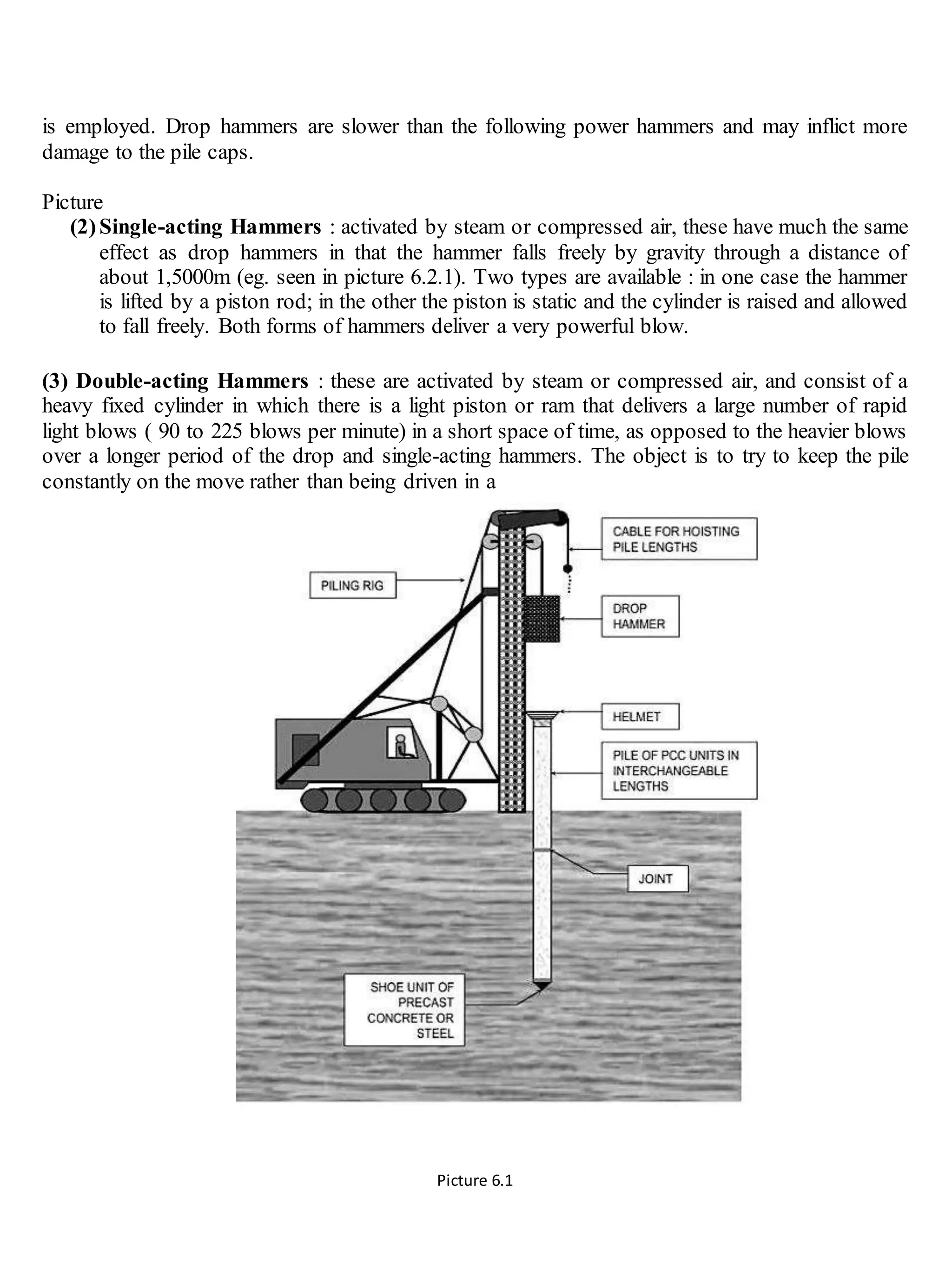 is employed. Drop hammers are slower than the following power hammers and may inflict more
damage to the pile caps.
Picture
(2)Single-acting Hammers : activated by steam or compressed air, these have much the same
effect as drop hammers in that the hammer falls freely by gravity through a distance of
about 1,5000m (eg. seen in picture 6.2.1). Two types are available : in one case the hammer
is lifted by a piston rod; in the other the piston is static and the cylinder is raised and allowed
to fall freely. Both forms of hammers deliver a very powerful blow.
(3) Double-acting Hammers : these are activated by steam or compressed air, and consist of a
heavy fixed cylinder in which there is a light piston or ram that delivers a large number of rapid
light blows ( 90 to 225 blows per minute) in a short space of time, as opposed to the heavier blows
over a longer period of the drop and single-acting hammers. The object is to try to keep the pile
constantly on the move rather than being driven in a
Picture 6.1
 