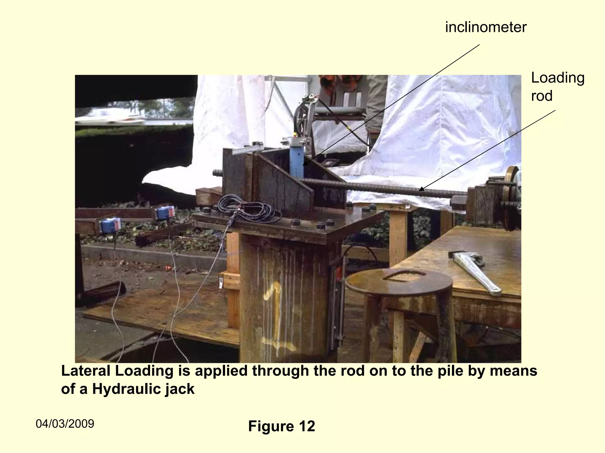 inclinometer


                                                                        Loading
                                                                        rod




    Lateral Loading is applied through the rod on to the pile by means
    of a Hydraulic jack

04/03/2009                   Figure 12
 