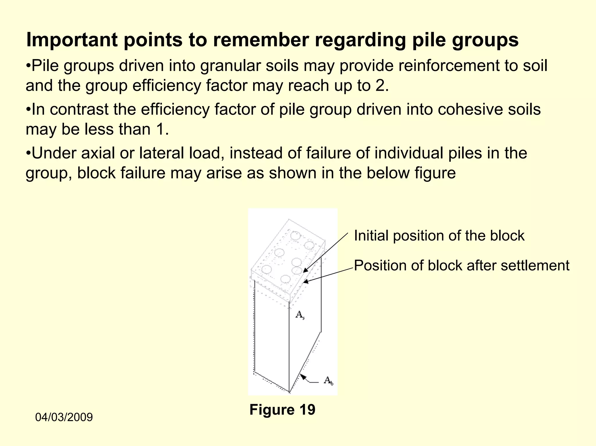 Important points to remember regarding pile groups
•Pile groups driven into granular soils may provide reinforcement to soil
and the group efficiency factor may reach up to 2.
•In contrast the efficiency factor of pile group driven into cohesive soils
may be less than 1.
•Under axial or lateral load, instead of failure of individual piles in the
group, block failure may arise as shown in the below figure


                                               Initial position of the block

                                               Position of block after settlement




 04/03/2009
                                Figure 19
 