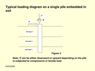 Typical loading diagram on a single pile embedded in
soil
                                 V

                                     M
                      H




                  Soil layer 1




                 Soil layer 2




                 Soil layer 3


                                         Figure 3

       Note: V can be either downward or upward depending on the pile
       is subjected to compressive or tensile load

04/03/2009
 