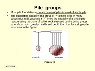 Pile groups
 •   Most pile foundations contain group of piles instead of single pile
 •   The supporting capacity of a group of ‘n’ similar piles in many
     cases (not in all cases) is ≤ ‘n’ times the capacity of a single pile-
     reason being the zone of soil or rock stressed by the entire group
     extends to much greater width and depth than that by a single pile
     as shown in the figure




                                   Figure 18
04/03/2009
 
