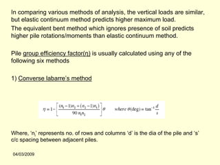 In comparing various methods of analysis, the vertical loads are similar,
but elastic continuum method predicts higher maximum load.
The equivalent bent method which ignores presence of soil predicts
higher pile rotations/moments than elastic continuum method.

Pile group efficiency factor(η) is usually calculated using any of the
following six methods

1) Converse labarre’s method




Where, ‘ni’ represents no. of rows and columns ‘d’ is the dia of the pile and ‘s’
c/c spacing between adjacent piles.

04/03/2009
 