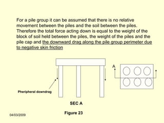 For a pile group it can be assumed that there is no relative
    movement between the piles and the soil between the piles.
    Therefore the total force acting down is equal to the weight of the
    block of soil held between the piles, the weight of the piles and the
    pile cap and the downward drag along the pile group perimeter due
    to negative skin friction



                                                    A




     Pheripheral downdrag


                               SEC A

04/03/2009
                            Figure 23
 