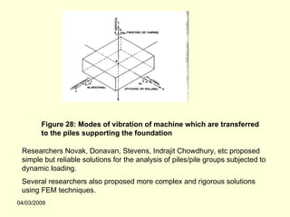 Figure 28: Modes of vibration of machine which are transferred
        to the piles supporting the foundation

 Researchers Novak, Donavan, Stevens, Indrajit Chowdhury, etc proposed
 simple but reliable solutions for the analysis of piles/pile groups subjected to
 dynamic loading.
 Several researchers also proposed more complex and rigorous solutions
 using FEM techniques.
04/03/2009
 