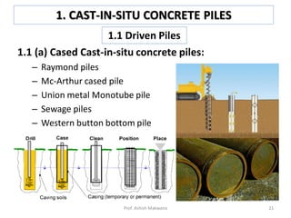 1.1 (a) Cased Cast-in-situ concrete piles:
– Raymond piles
– Mc-Arthur cased pile
– Union metal Monotube pile
– Sewage piles
– Western button bottom pile
1.1 Driven Piles
1. CAST-IN-SITU CONCRETE PILES
Prof. Ashish Makwana 21
 