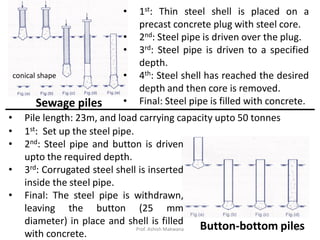 Sewage piles
Button-bottom piles
• 1st: Thin steel shell is placed on a
precast concrete plug with steel core.
• 2nd: Steel pipe is driven over the plug.
• 3rd: Steel pipe is driven to a specified
depth.
• 4th: Steel shell has reached the desired
depth and then core is removed.
• Final: Steel pipe is filled with concrete.
conical shape
• 1st: Set up the steel pipe.
• 2nd: Steel pipe and button is driven
upto the required depth.
• 3rd: Corrugated steel shell is inserted
inside the steel pipe.
• Final: The steel pipe is withdrawn,
leaving the button (25 mm
diameter) in place and shell is filled
with concrete.
• Pile length: 23m, and load carrying capacity upto 50 tonnes
Prof. Ashish Makwana 24
 