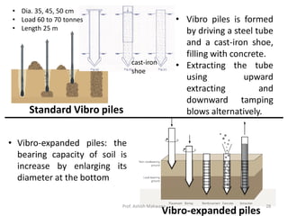 Standard Vibro piles
Vibro-expanded piles
• Vibro piles is formed
by driving a steel tube
and a cast-iron shoe,
filling with concrete.
• Extracting the tube
using upward
extracting and
downward tamping
blows alternatively.
• Vibro-expanded piles: the
bearing capacity of soil is
increase by enlarging its
diameter at the bottom
• Dia. 35, 45, 50 cm
• Load 60 to 70 tonnes
• Length 25 m
cast-iron
shoe
Prof. Ashish Makwana 28
 