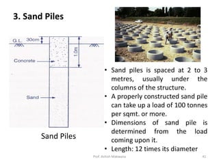 3. Sand Piles
• Sand piles is spaced at 2 to 3
metres, usually under the
columns of the structure.
• A properly constructed sand pile
can take up a load of 100 tonnes
per sqmt. or more.
• Dimensions of sand pile is
determined from the load
coming upon it.
• Length: 12 times its diameter
Sand Piles
Prof. Ashish Makwana 41
 